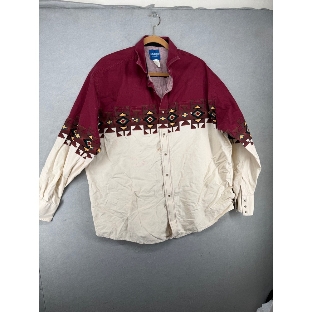 Wrangler Western Pearl Snap Shirt Mens XXL Burgundy Cream Southwest Aztec STAIN*